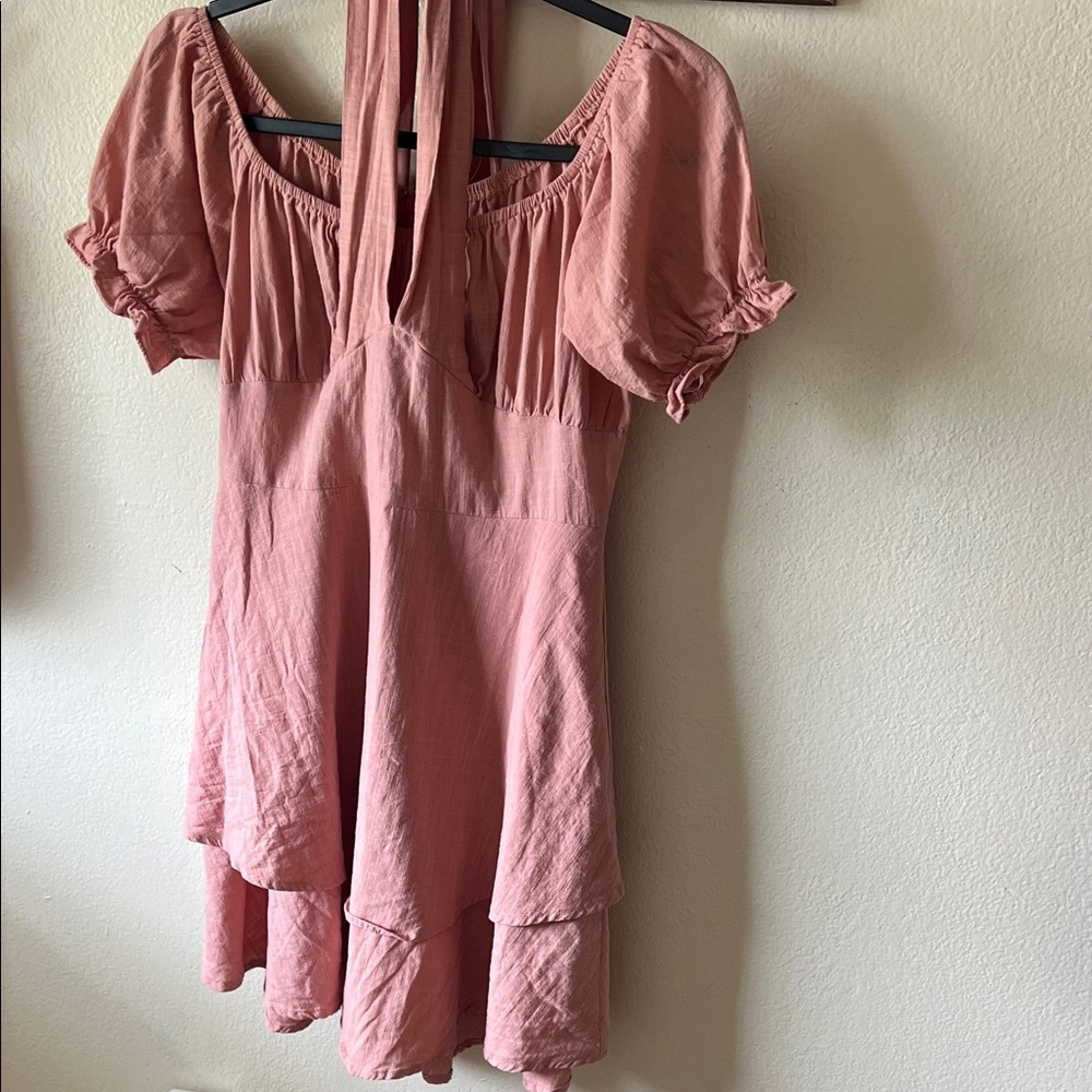 Off the shoulder with halter tie romantic puff Sleeve Mini Dress in Dusty Rose